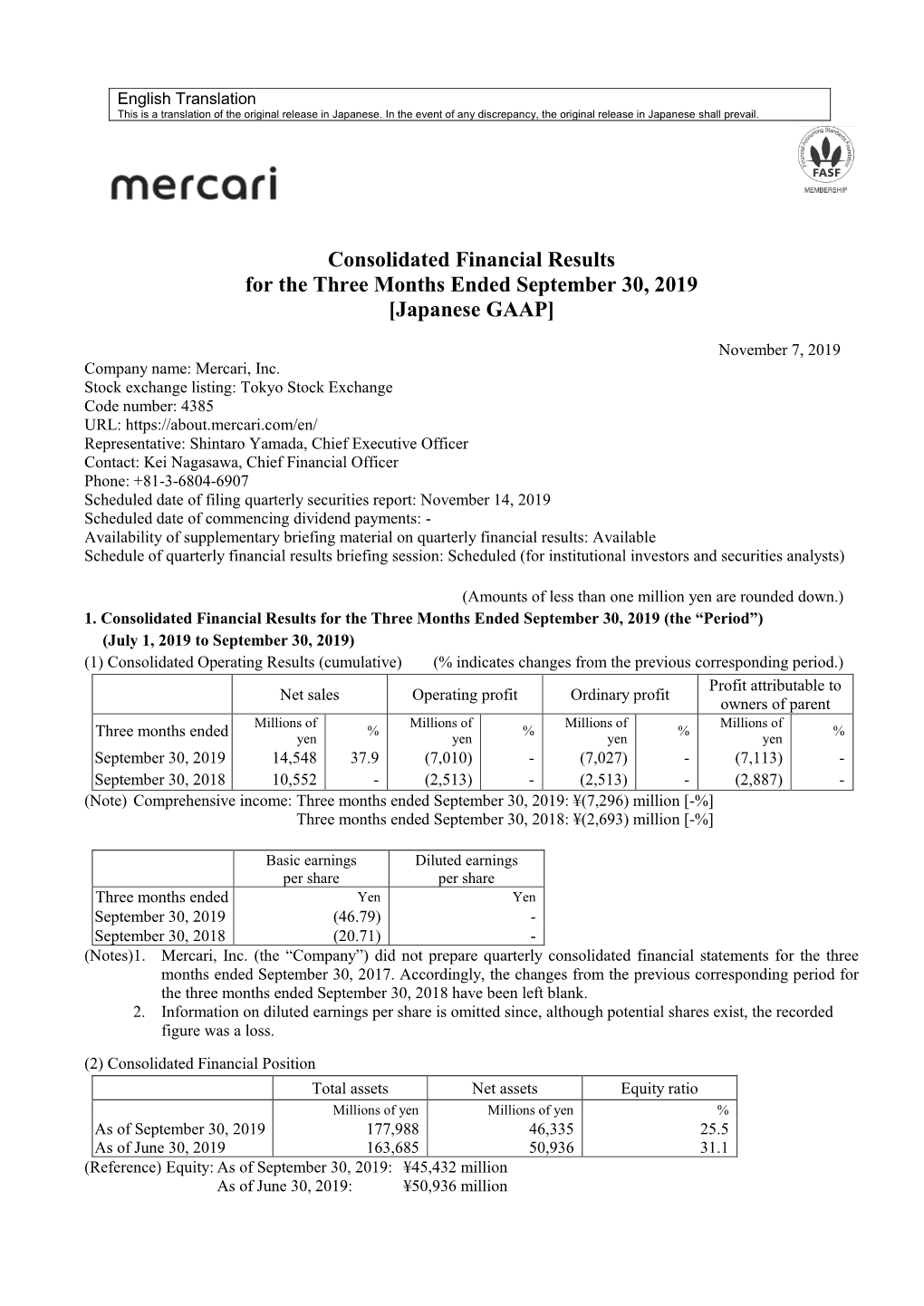 Consolidated Financial Results for the Three Months Ended September 30, 2019 [Japanese GAAP]