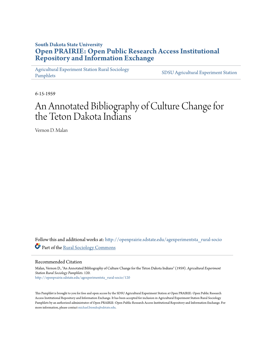 An Annotated Bibliography of Culture Change for the Teton Dakota Indians Vernon D
