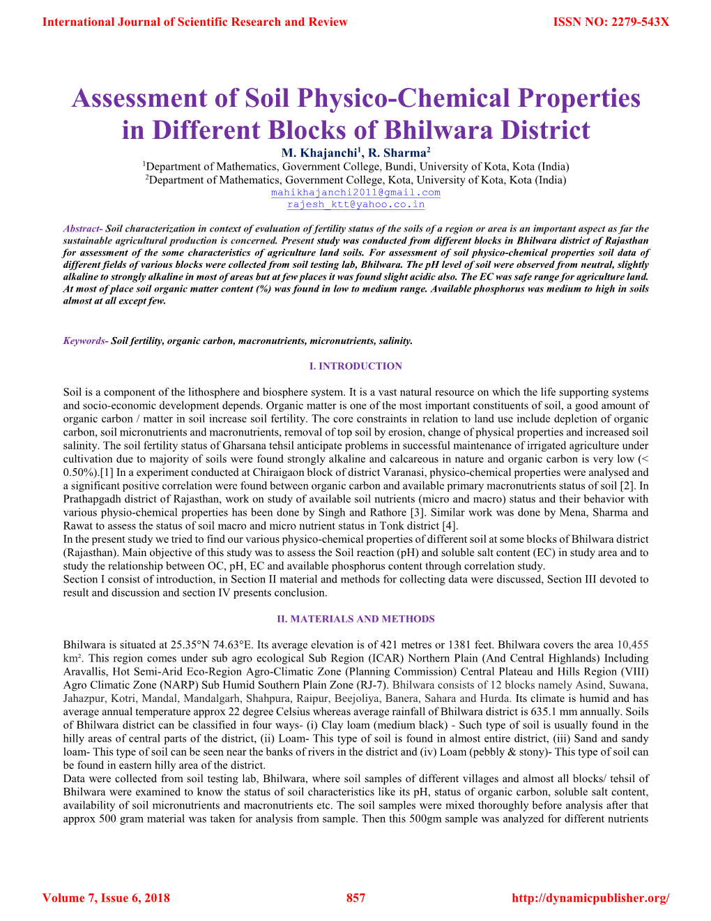 Assessment of Soil Physico-Chemical Properties in Different Blocks of Bhilwara District M