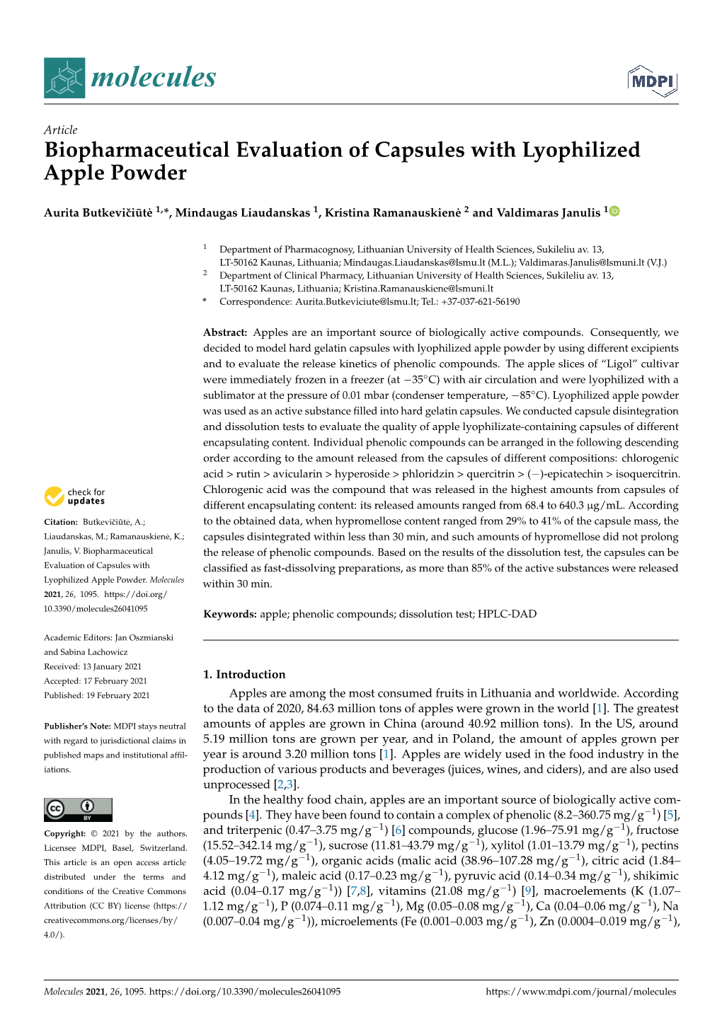 Biopharmaceutical Evaluation of Capsules with Lyophilized Apple Powder