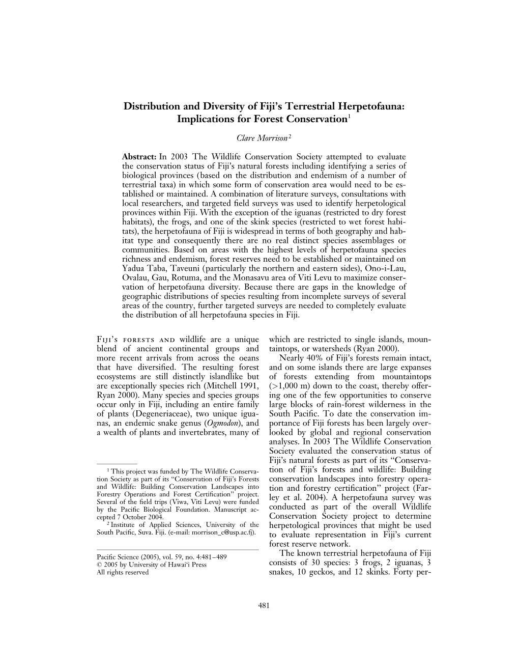 Distribution and Diversity of Fiji's Terrestrial Herpetofauna