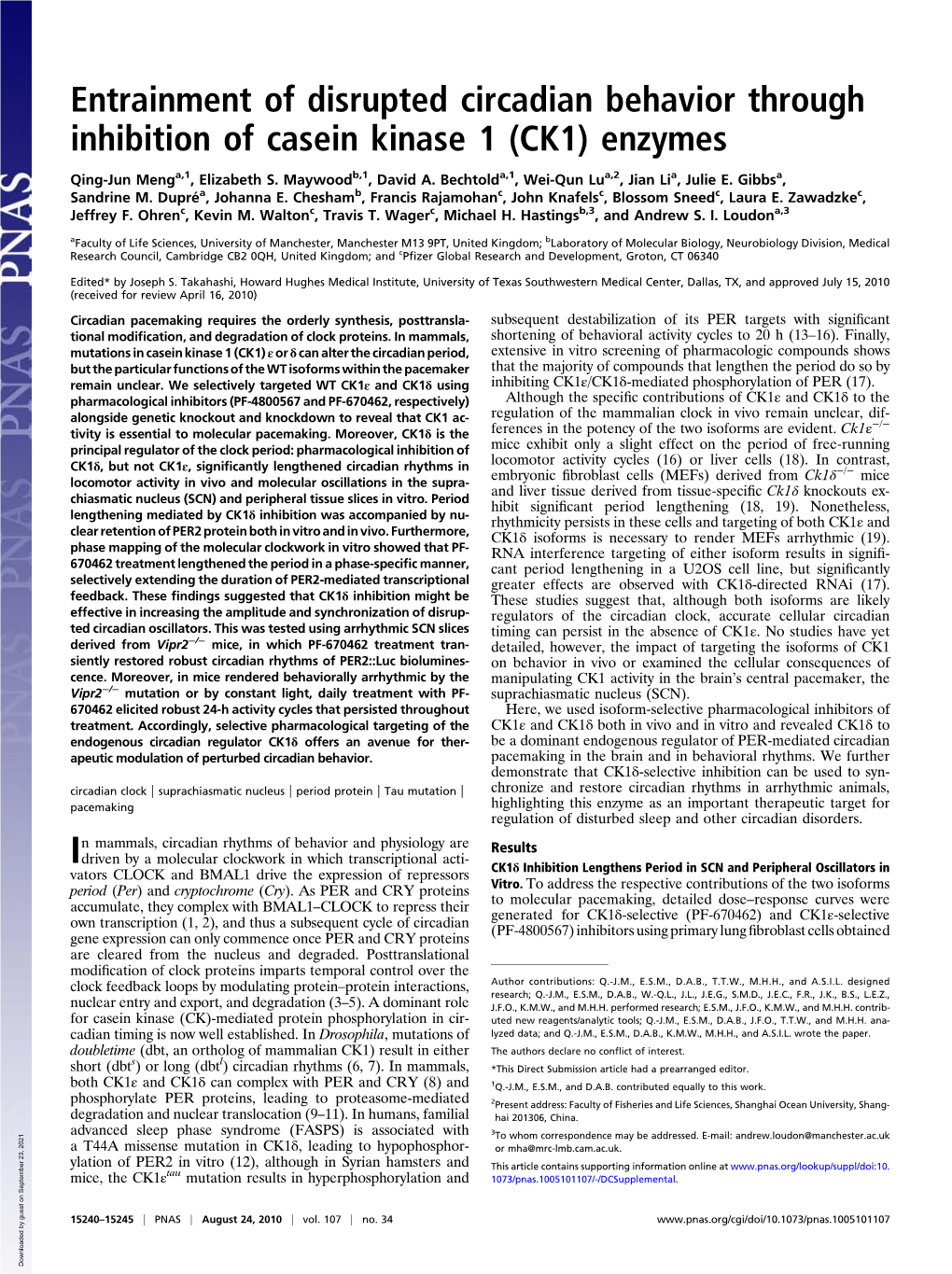 Entrainment of Disrupted Circadian Behavior Through Inhibition of Casein Kinase 1 (CK1) Enzymes