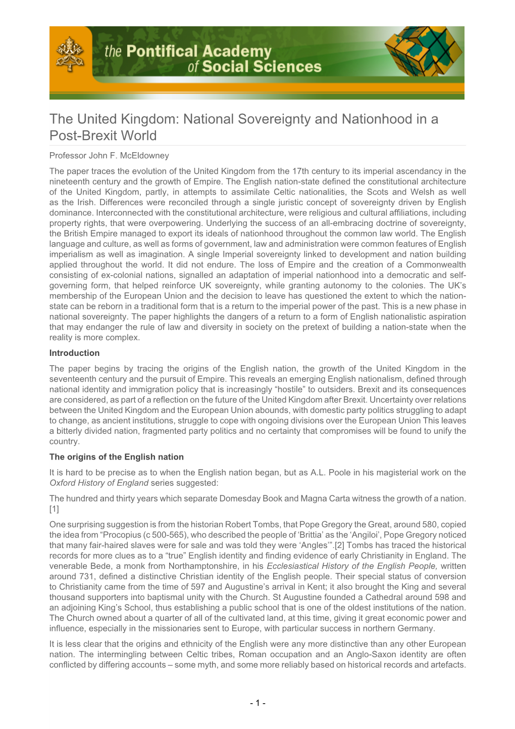 The United Kingdom: National Sovereignty and Nationhood in a Post-Brexit World Professor John F