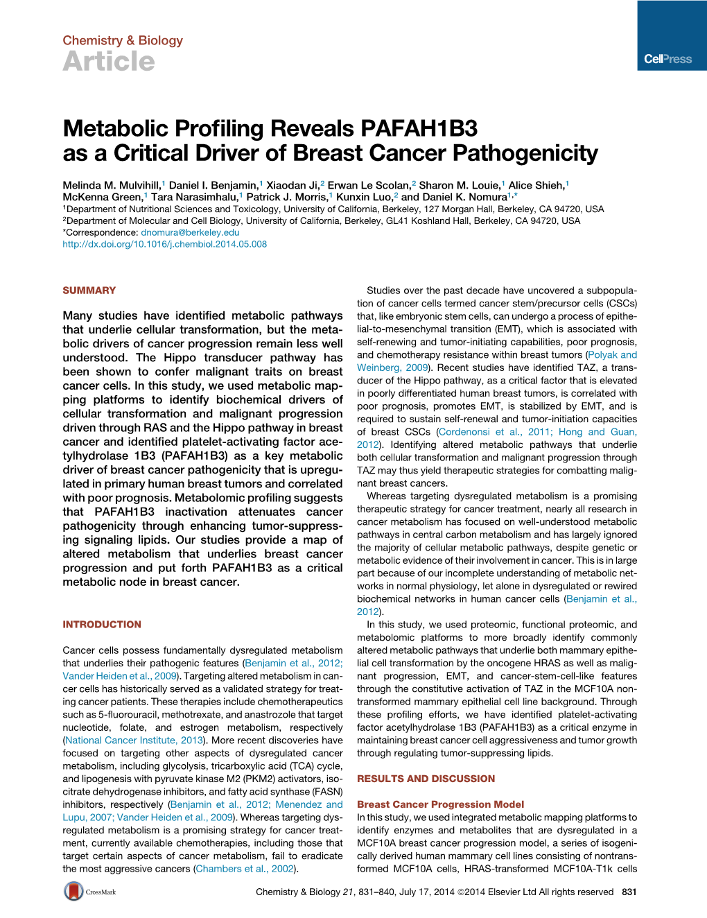 Metabolic Profiling Reveals PAFAH1B3 As a Critical Driver Of