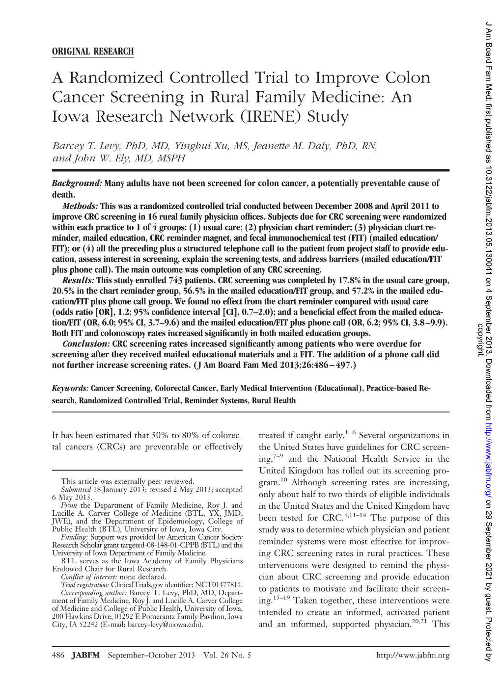 A Randomized Controlled Trial to Improve Colon Cancer Screening in Rural Family Medicine: an Iowa Research Network (IRENE) Study