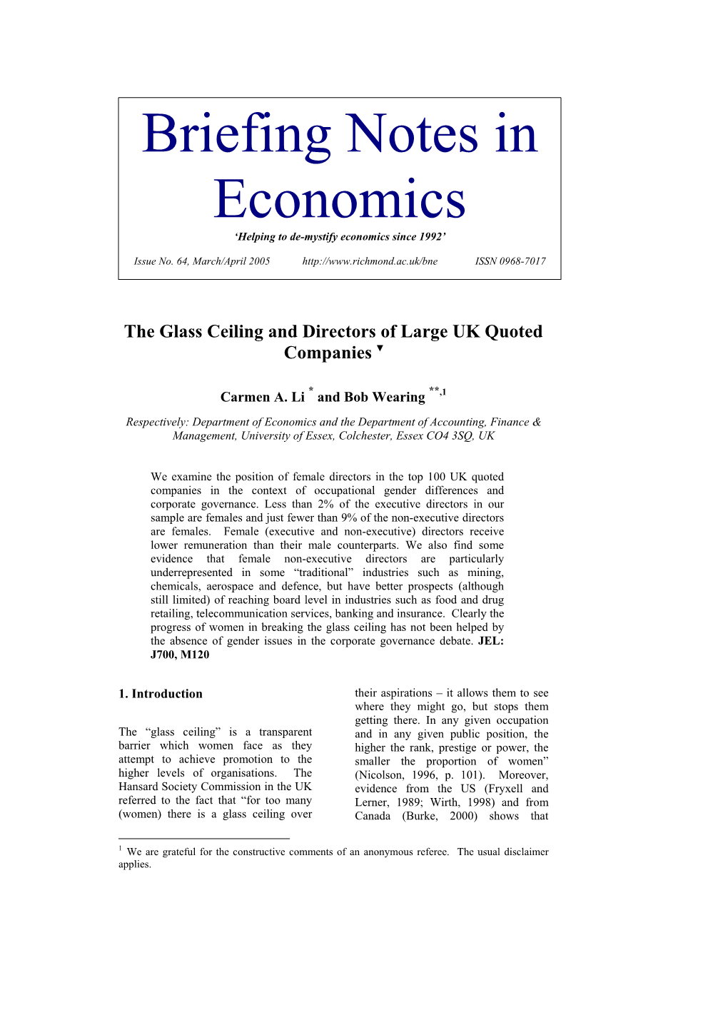 Briefing Notes in Economics – Issue No