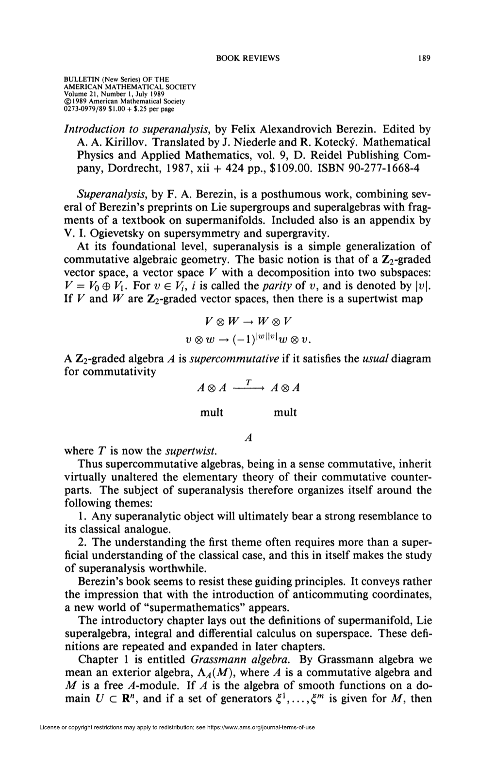 Introduction to Superanalysis, by Felix Alexandrovich Berezin. Edited by A