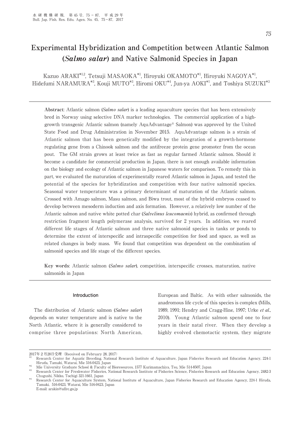 Salmo Salar) and Native Salmonid Species in Japan