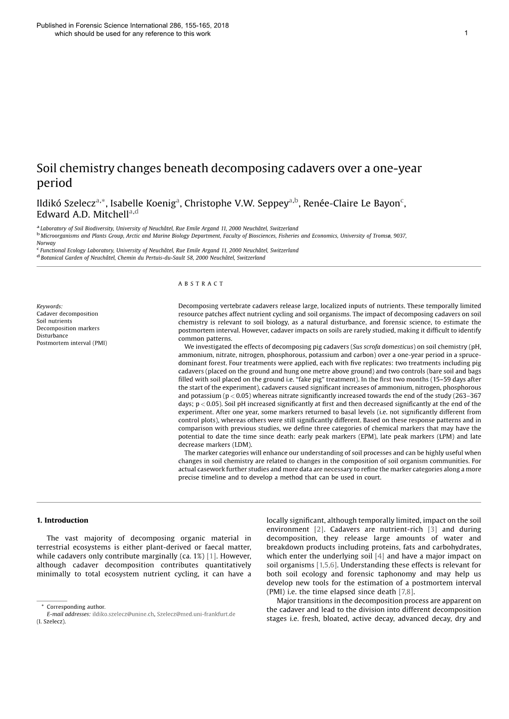 Soil Chemistry Changes Beneath Decomposing Cadavers Over a One-Year Period