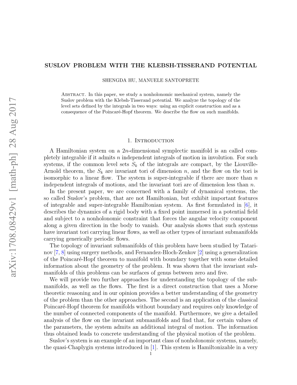 Suslov Problem with the Klebsh-Tisserand Potential
