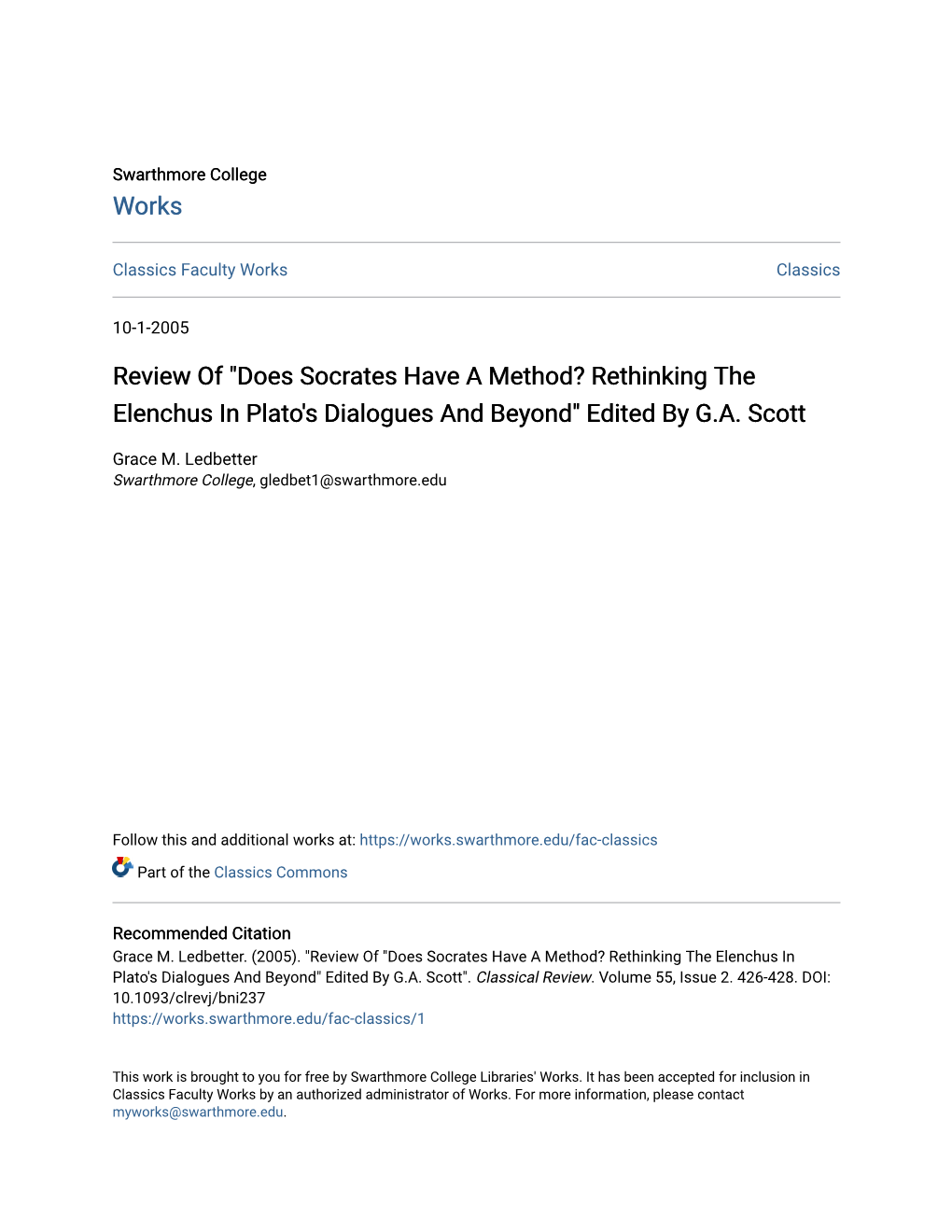 Review Of" Does Socrates Have a Method? Rethinking the Elenchus in Plato's Dialogues and Beyond" Edited by GA Scott