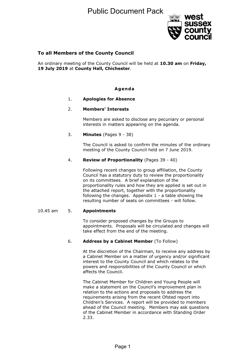 (Public Pack)Agenda Document for County Council, 19/07/2019 10:30
