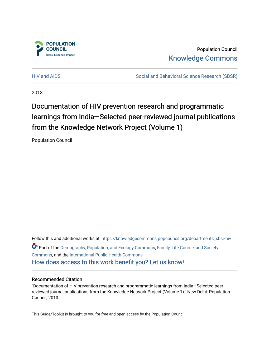 Documentation of HIV Prevention Research and Programmatic Learnings from India—Selected Peer-Reviewed Journal Publications