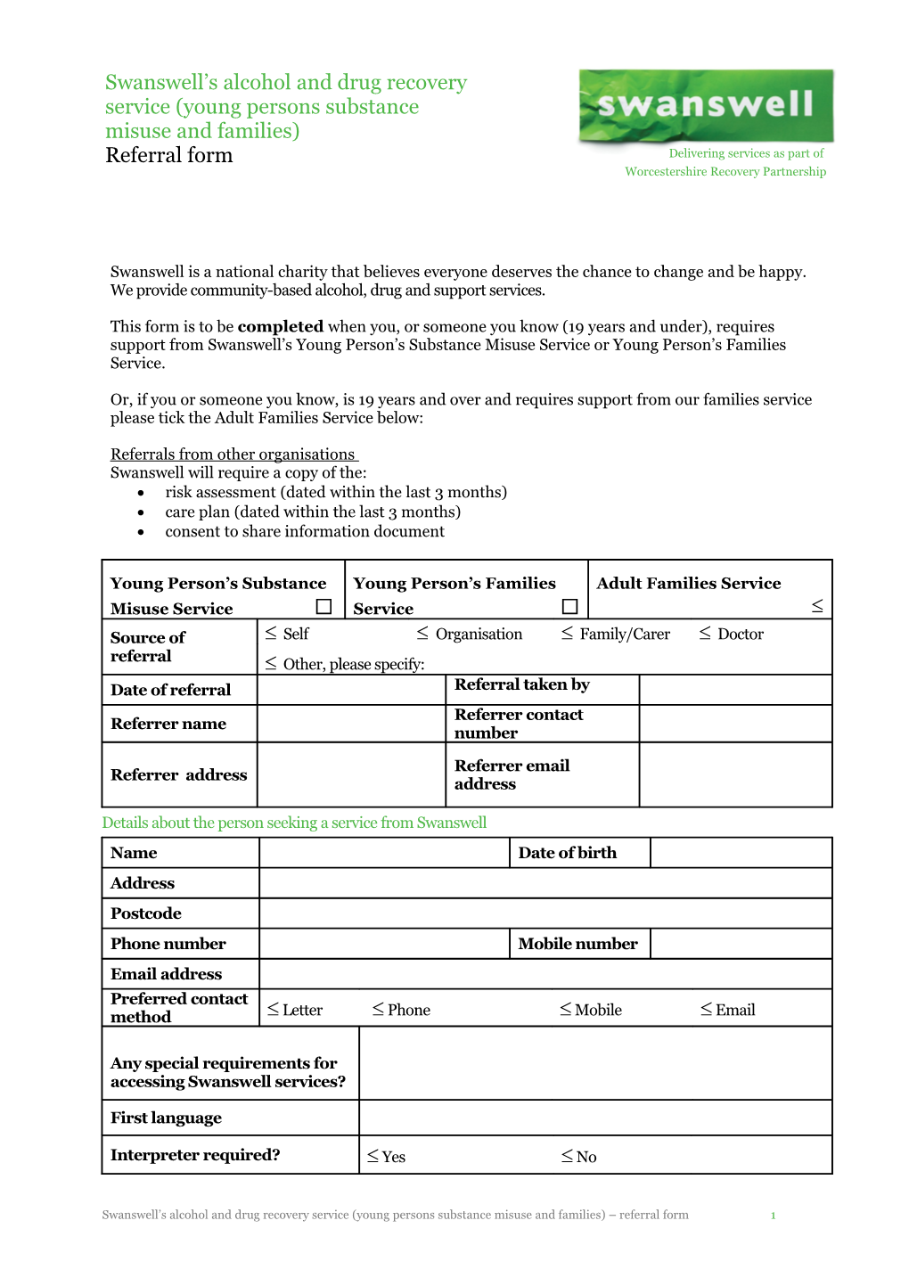 Swanswell S Integrated Substance Misuse Service - Referral Form