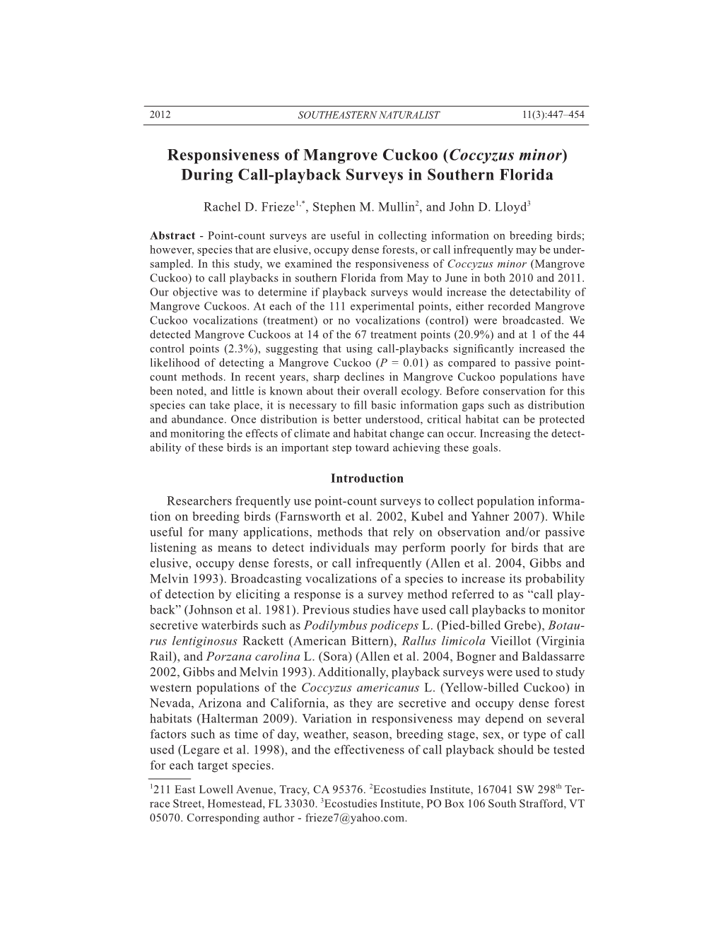 Responsiveness of Mangrove Cuckoo (Coccyzus Minor) During Call-Playback Surveys in Southern Florida