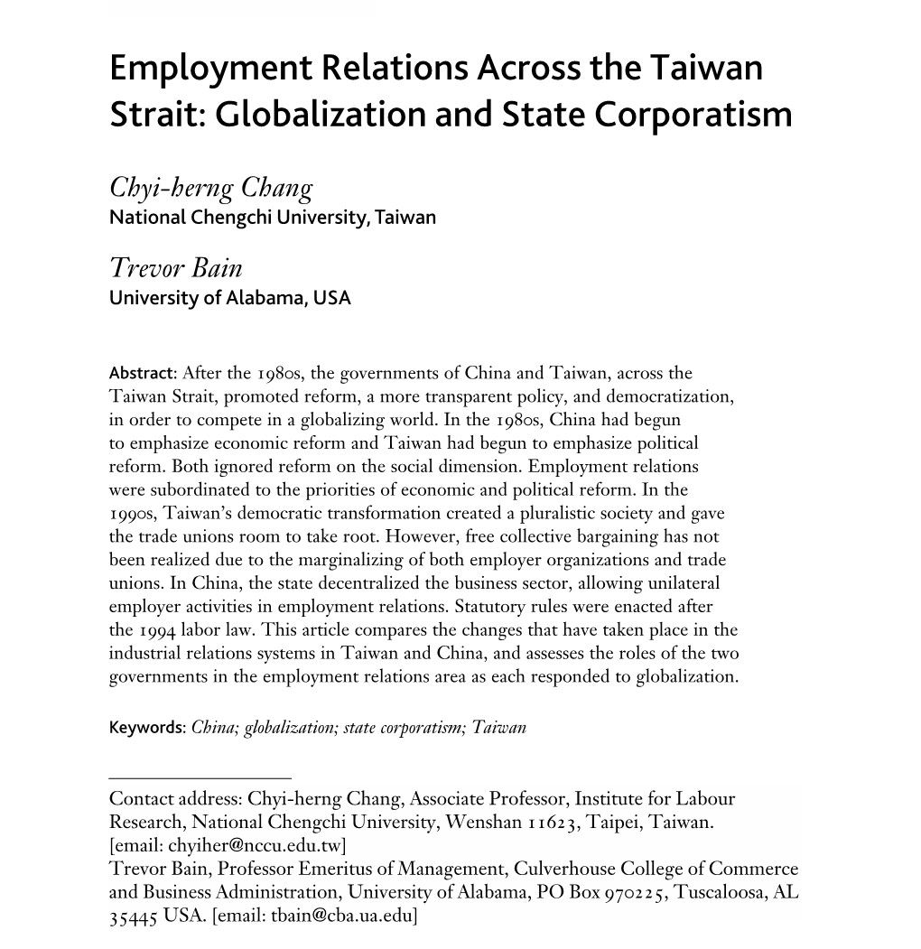 Employment Relations Across the Taiwan Strait: Globalization and State Corporatism