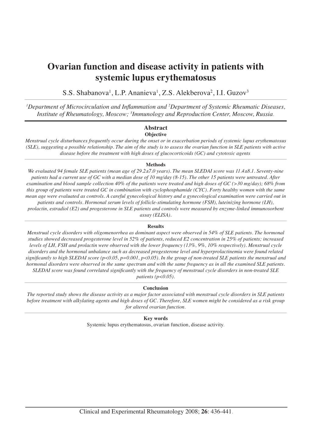 Ovarian Function and Disease Activity in Patients with Systemic Lupus Erythematosus S.S