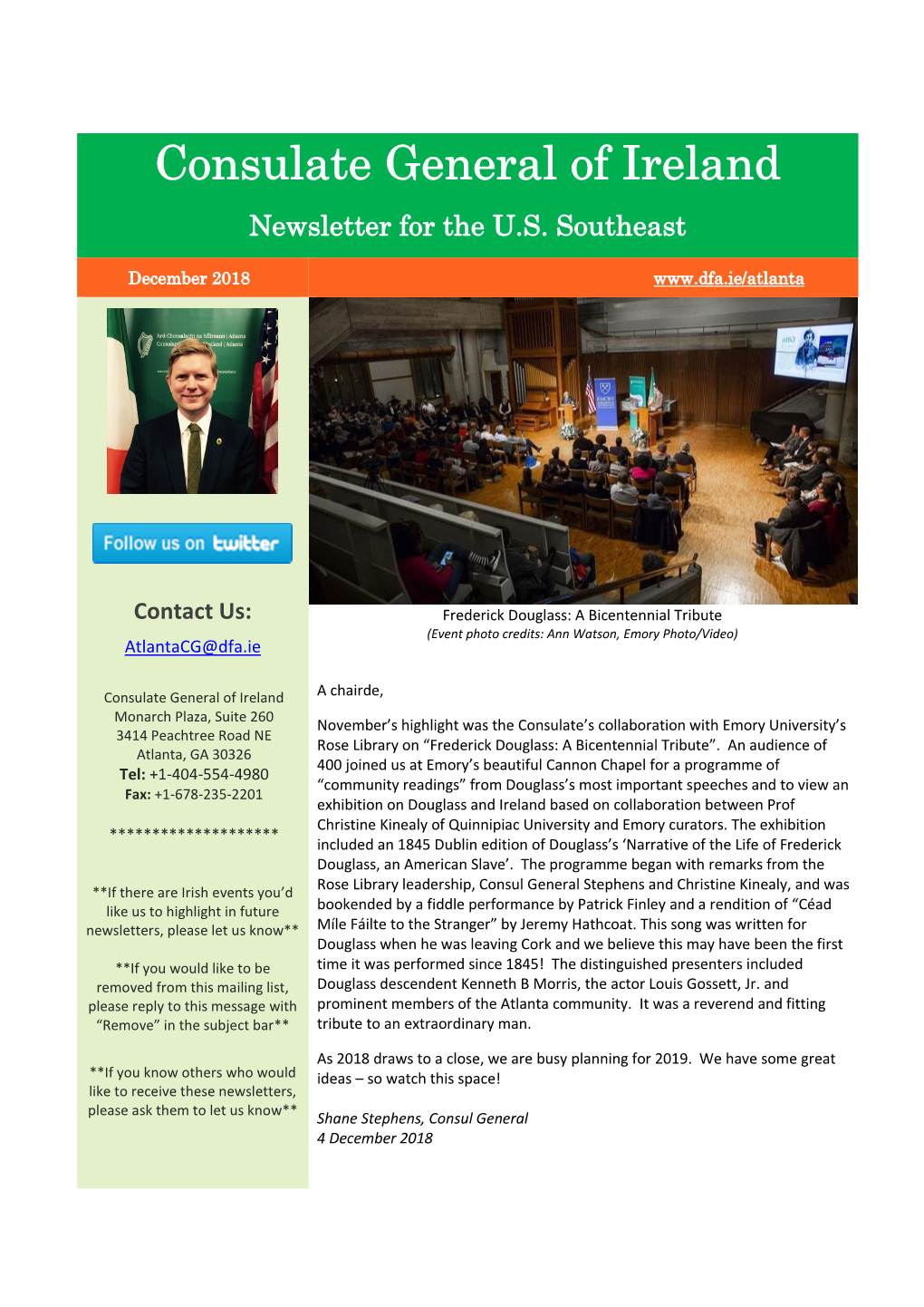 December 2018 Newsletter from the Consulate General Of