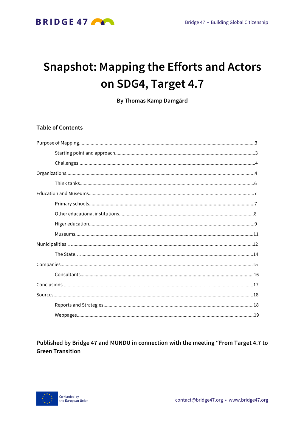 Snapshot: Mapping the Efforts and Actors on SDG4, Target 4.7 by Thomas Kamp Damgård
