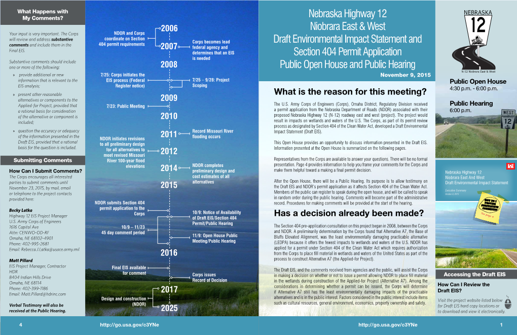 Nebraska Highway 12 Niobrara East & West Draft Environmental Impact Statement and Section 404 Permit Application Public Open