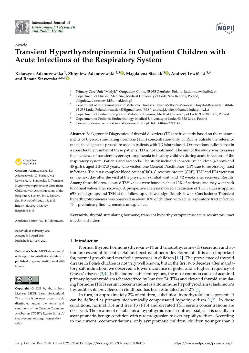 Transient Hyperthyrotropinemia in Outpatient Children with Acute Infections of the Respiratory System