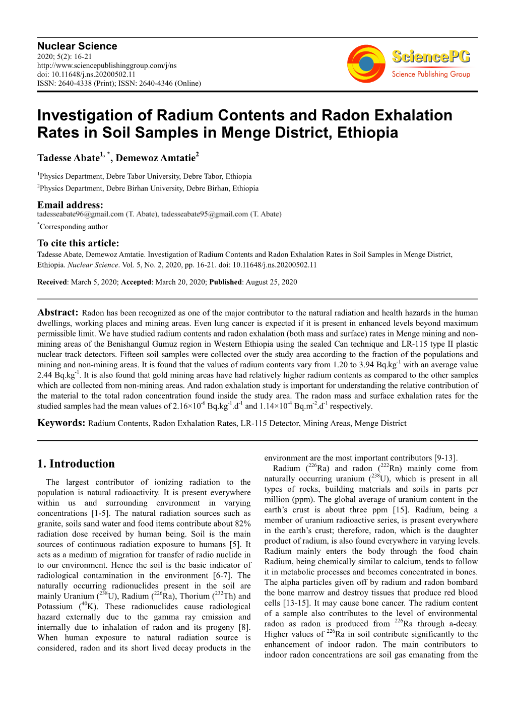 Investigation of Radium Contents and Radon Exhalation Rates in Soil Samples in Menge District, Ethiopia