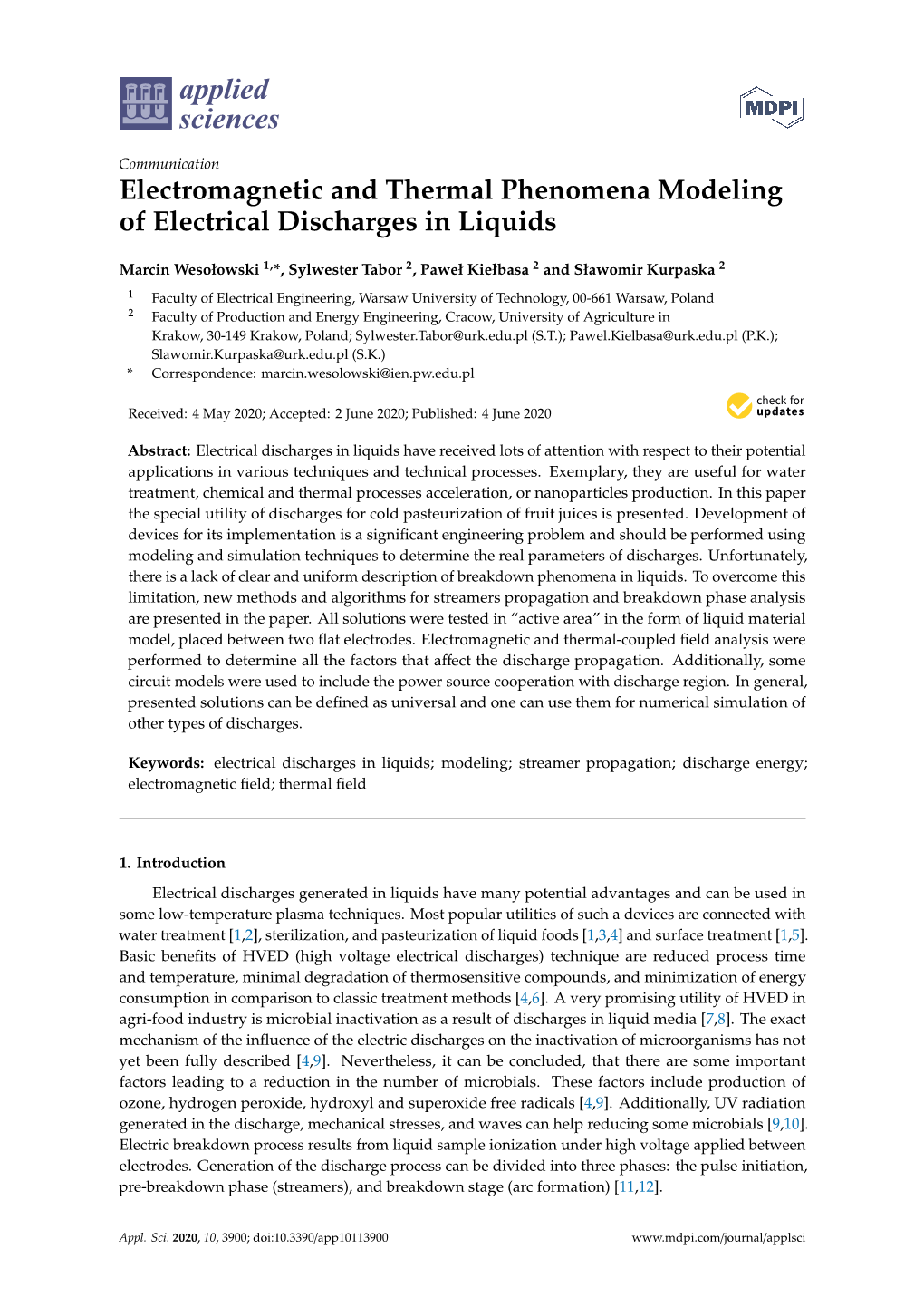 Electromagnetic and Thermal Phenomena Modeling of Electrical Discharges in Liquids