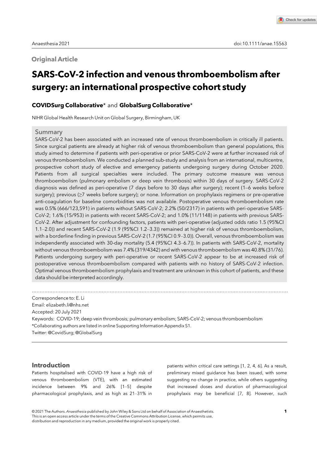 SARS-Cov-2 Infection and Venous Thromboembolism After Surgery: an International Prospective Cohort Study