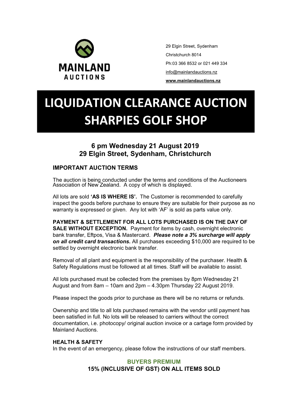 LIQUIDATION CLEARANCE AUCTION SHARPIES GOLF SHOP GST Inclusive Wednesday, 21 Augustfolio 2019 No.: 0073 Lot No Guide Qty Lot No Guide Qty