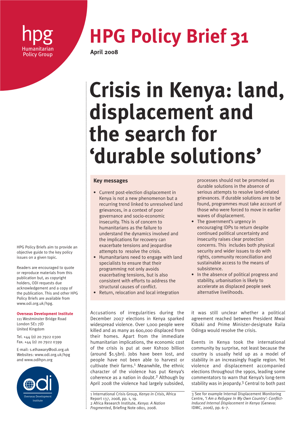 Crisis in Kenya: Land, Displacement and the Search for 'Durable