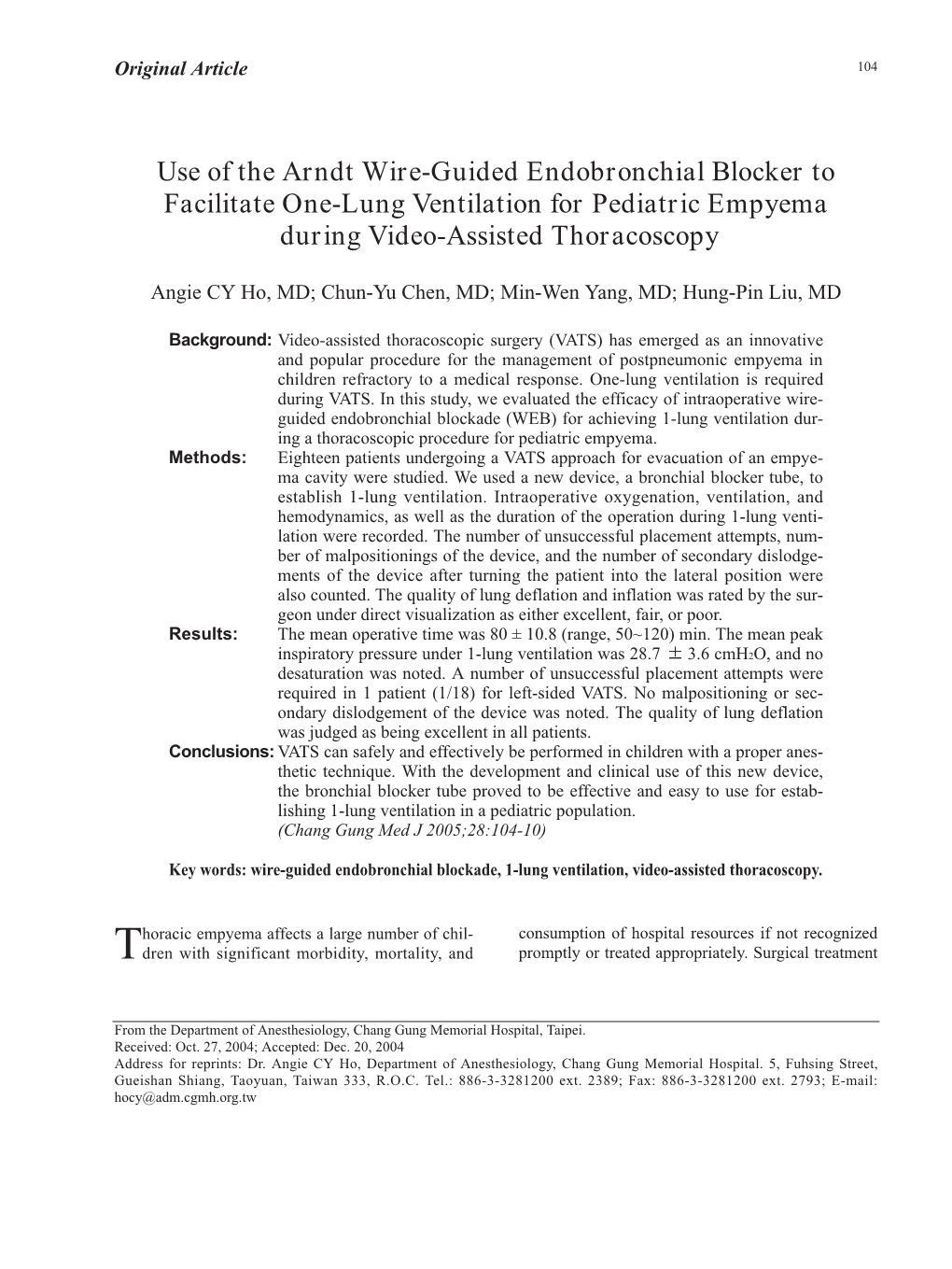 Use of the Arndt Wire-Guided Endobronchial Blocker to Facilitate One-Lung Ventilation for Pediatric Empyema During Video-Assisted Thoracoscopy