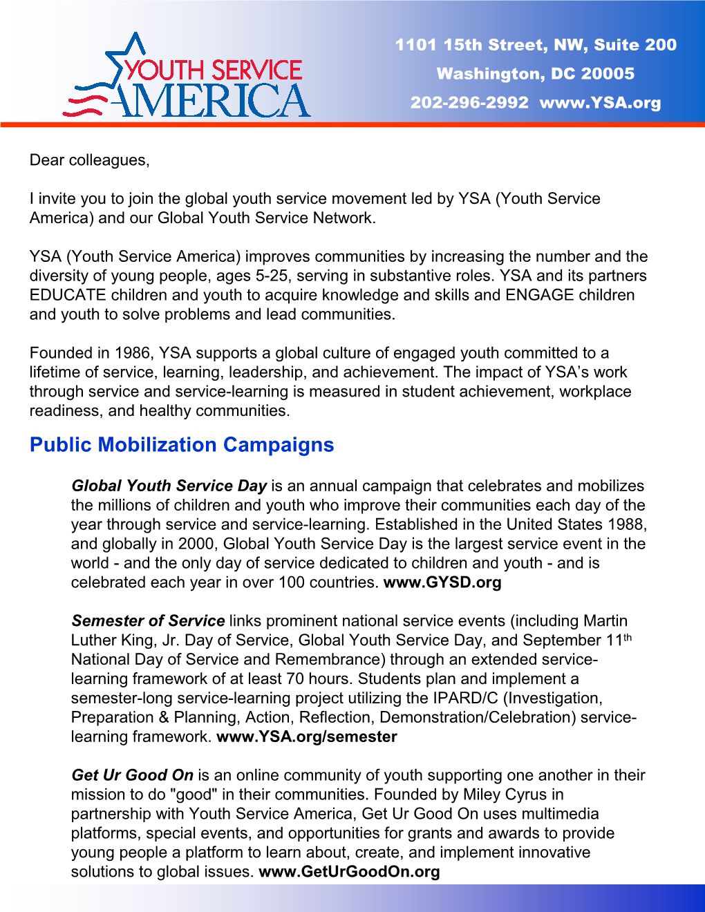 YSA Letter Overview