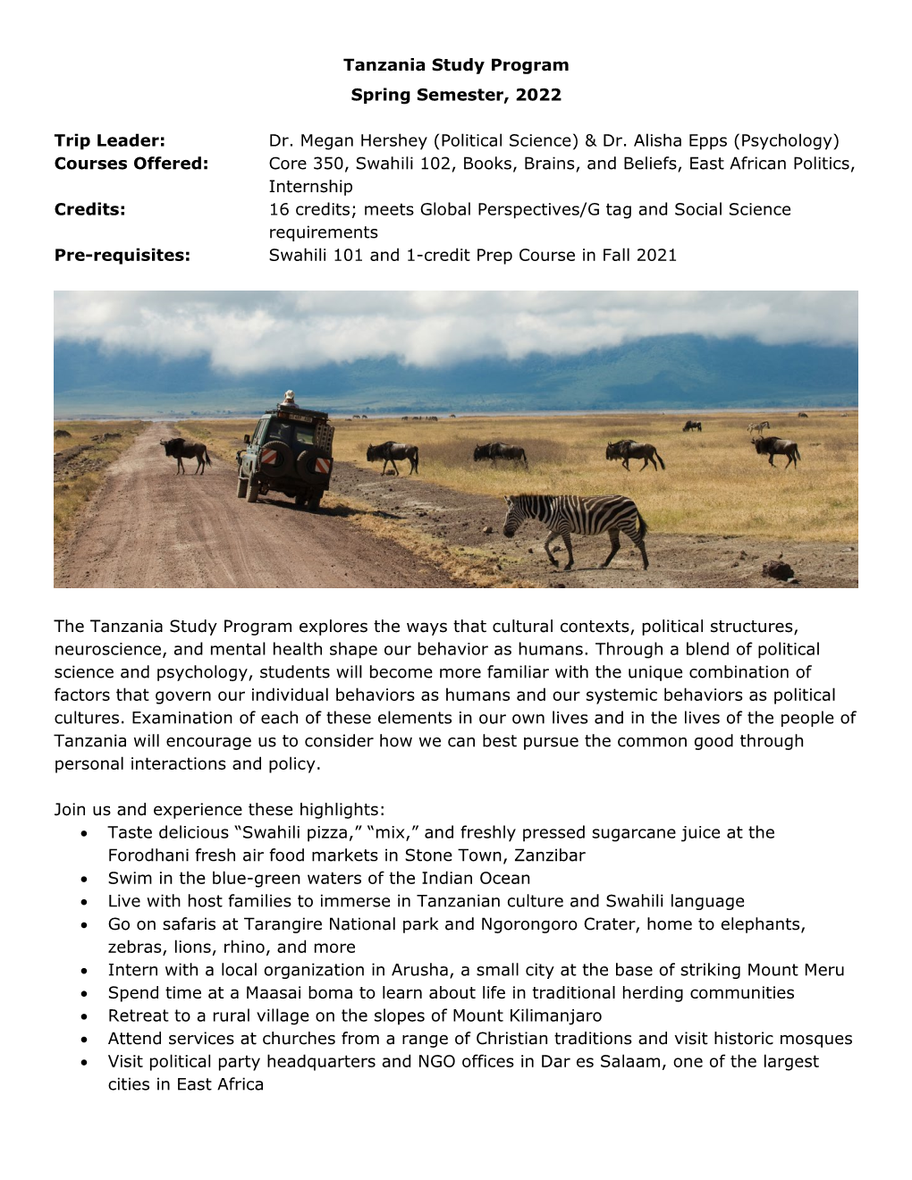 Tanzania Study Program Spring Semester, 2022