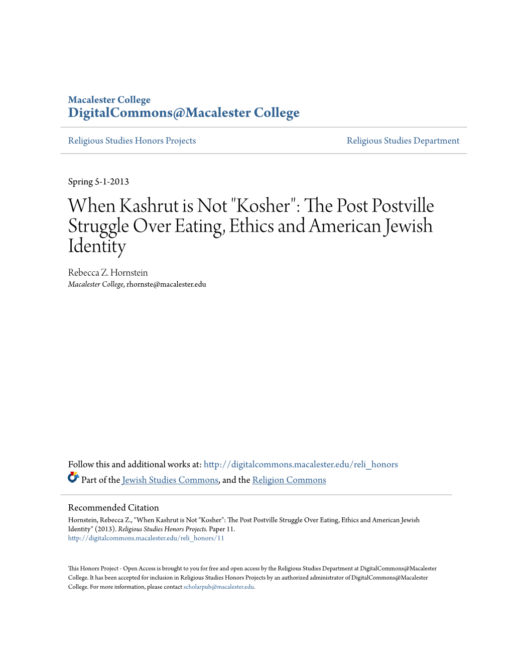 Kosher": the Op St Postville Struggle Over Eating, Ethics and American Jewish Identity Rebecca Z