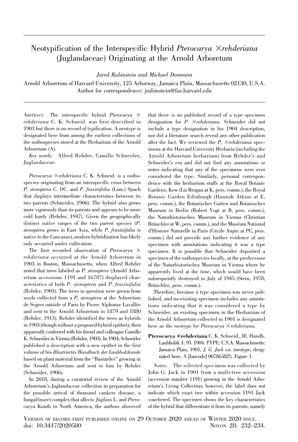 Neotypification of the Interspecific Hybrid Pterocarya 3Rehderiana (Juglandaceae) Originating at the Arnold Arboretum