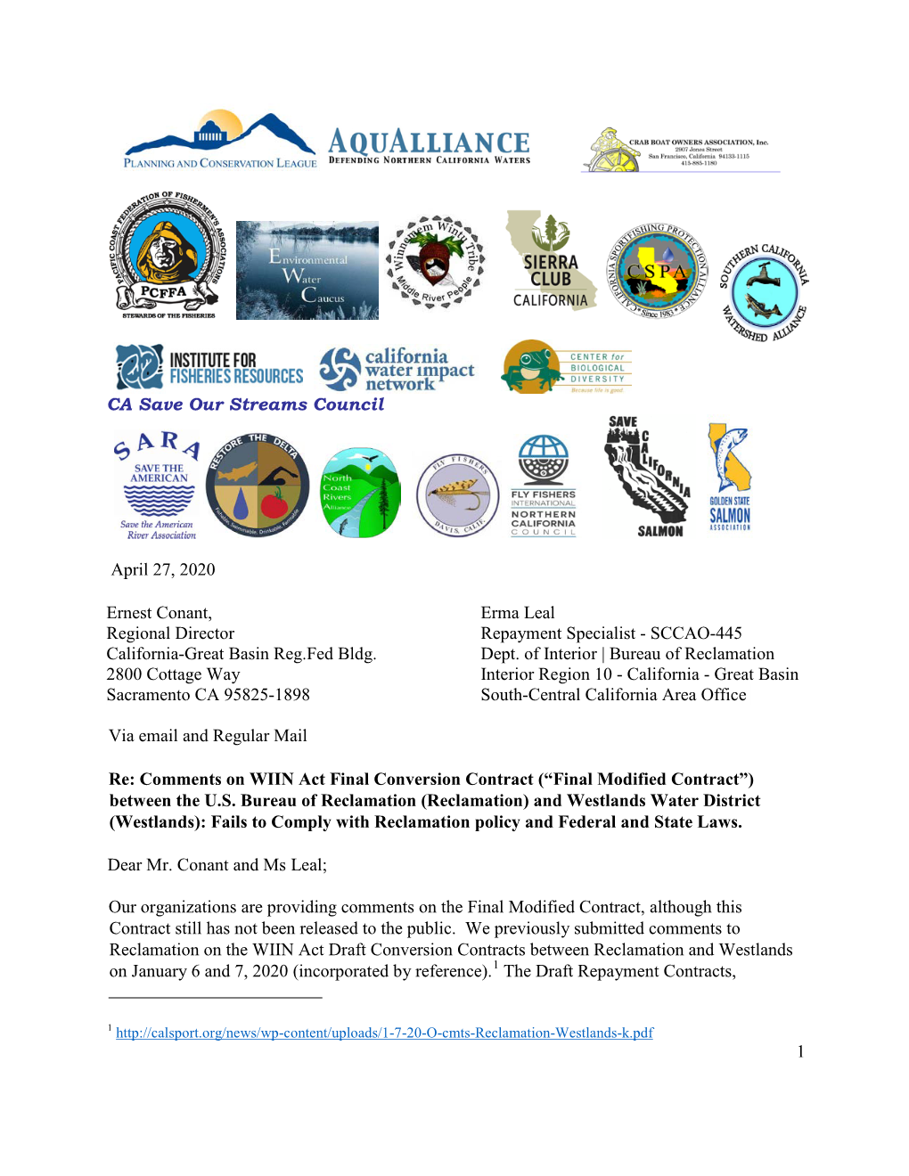 1 CA Save Our Streams Council April 27, 2020 Ernest Conant, Regional