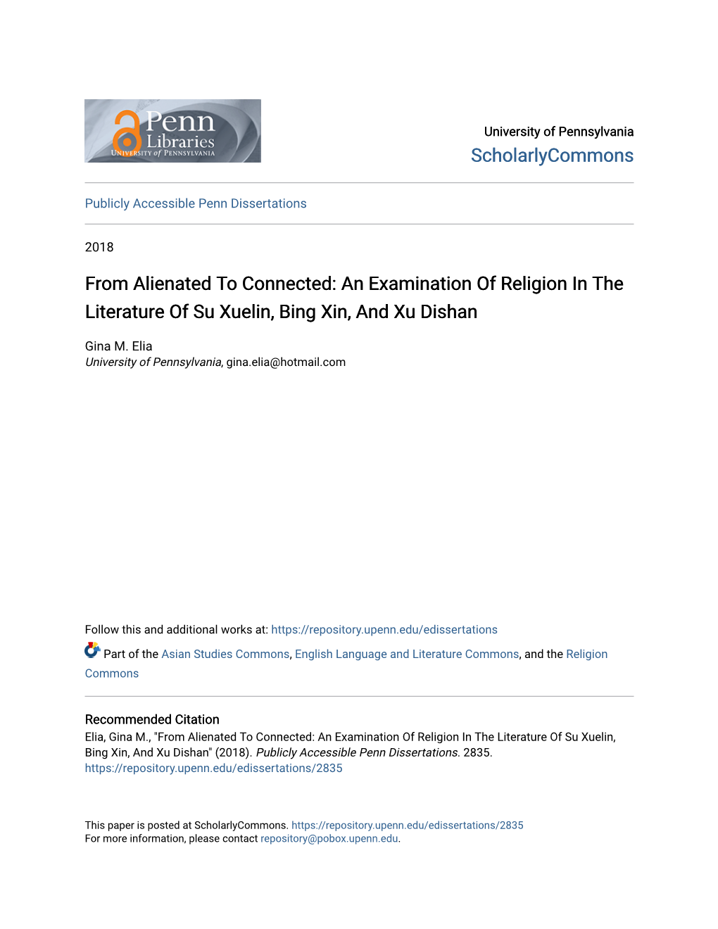 An Examination of Religion in the Literature of Su Xuelin, Bing Xin, and Xu Dishan