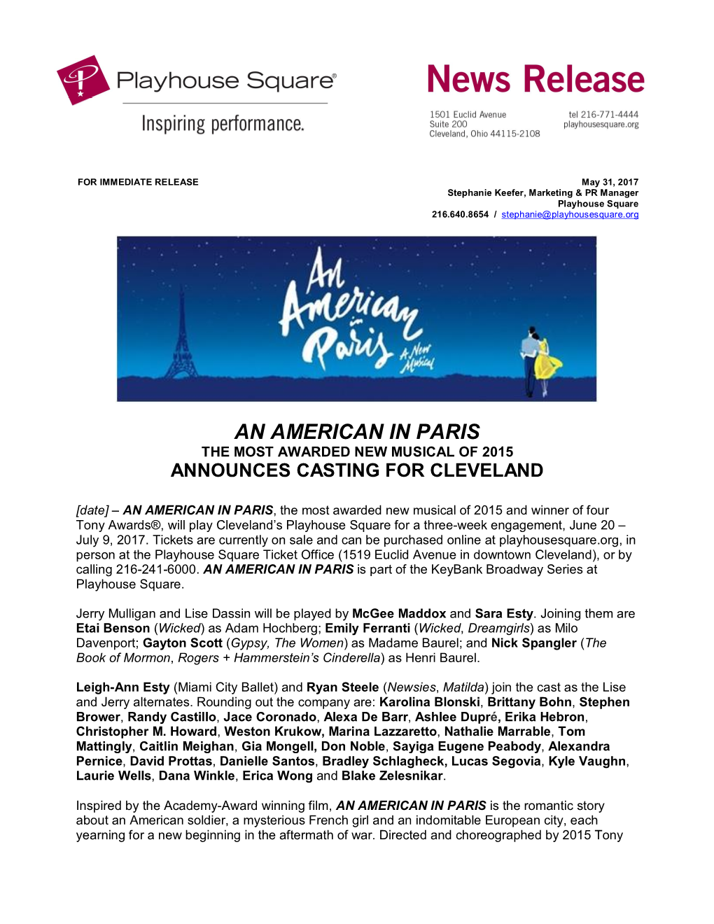 An American in Paris the Most Awarded New Musical of 2015 Announces Casting for Cleveland