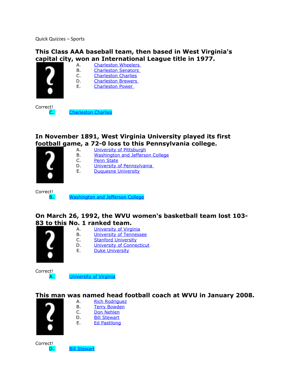 Quick Quizzes Sports