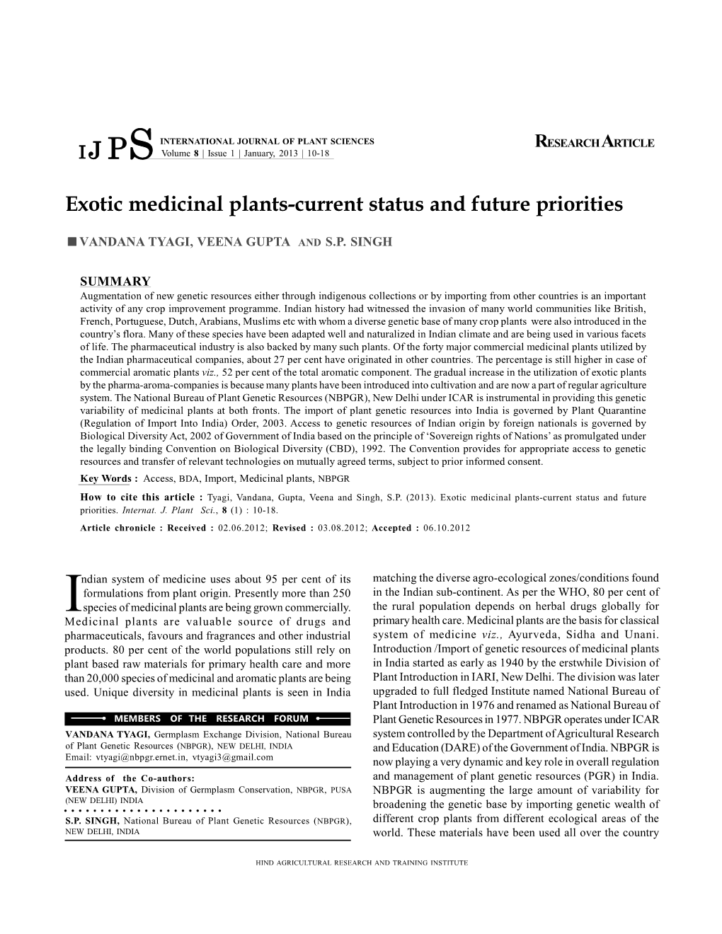 Exotic Medicinal Plants-Current Status and Future Priorities