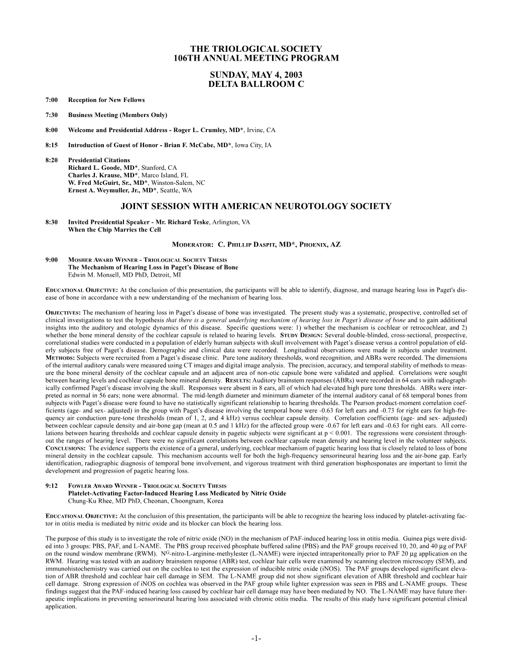 The Triological Society 106Th Annual Meeting Program Sunday, May 4, 2003 Delta Ballroom C