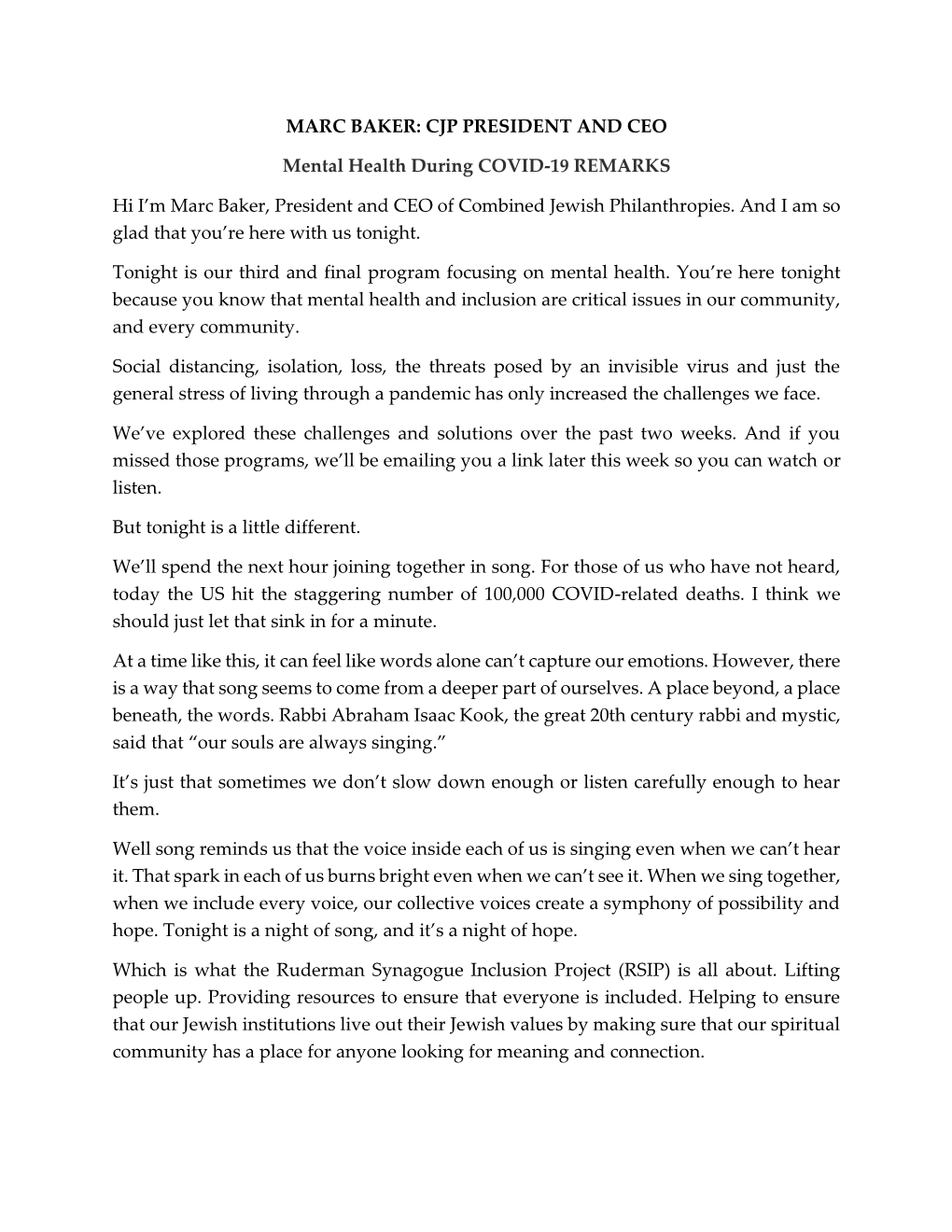 MARC BAKER: CJP PRESIDENT and CEO Mental Health During COVID-19 REMARKS Hi I'm Marc Baker, President and CEO of Combined Jewis