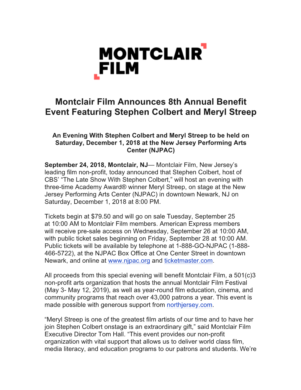 September 24, 2018 – Montclair Film Announces 8Th Annual Benefit Event