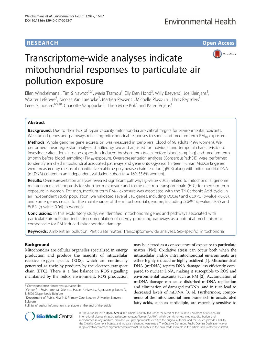 Transcriptome-Wide Analyses Indicate Mitochondrial Responses to Particulate Air Pollution Exposure