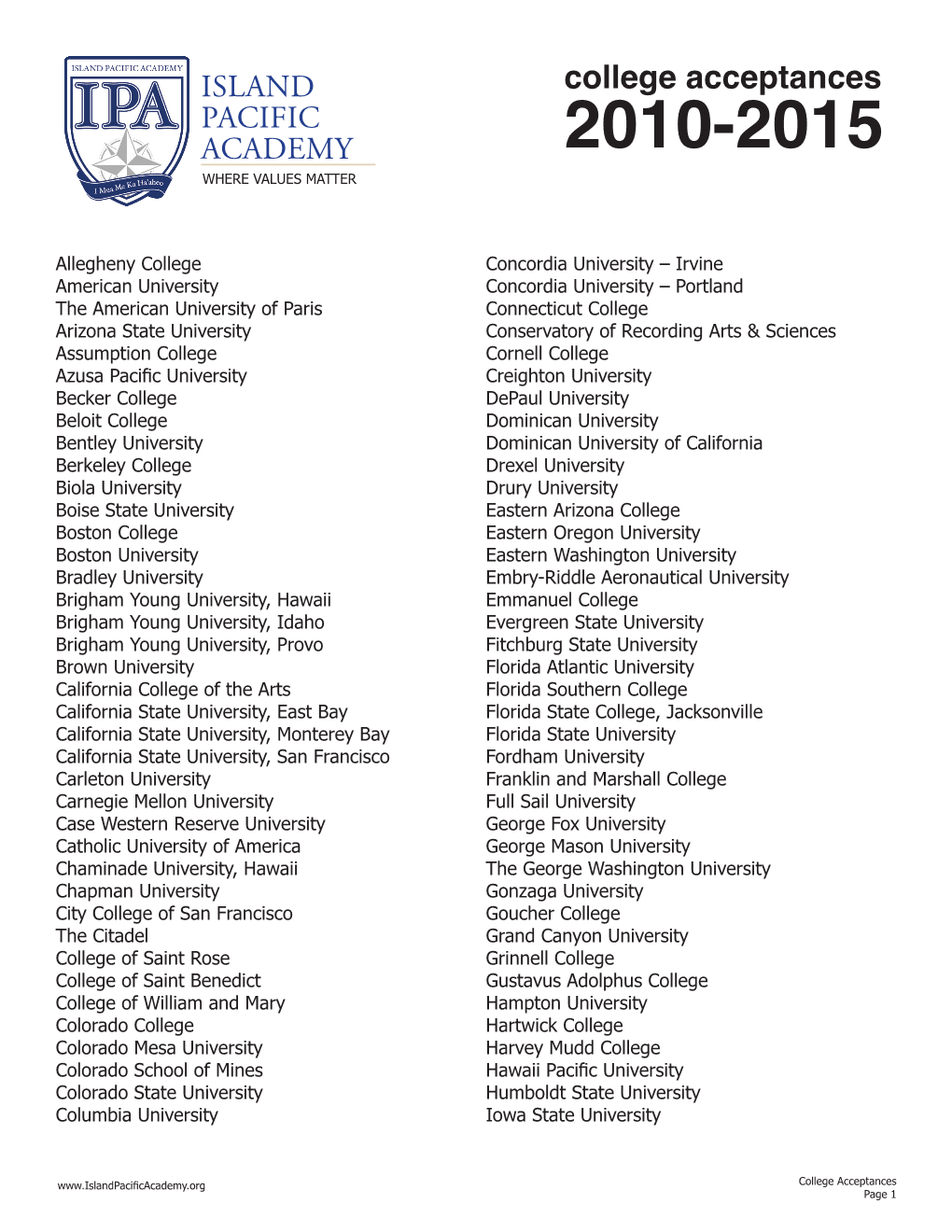 College Acceptances PACIFIC ACADEMY 2010-2015 WHERE VALUES MATTER