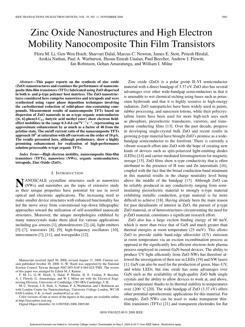 Zinc Oxide Nanostructures and High Electron Mobility Nanocomposite Thin Film Transistors Flora M