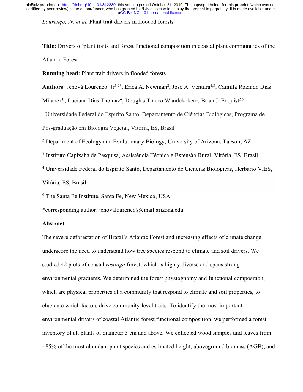 Drivers of Plant Traits and Forest Functional Composition in Coastal Plant Communities of The