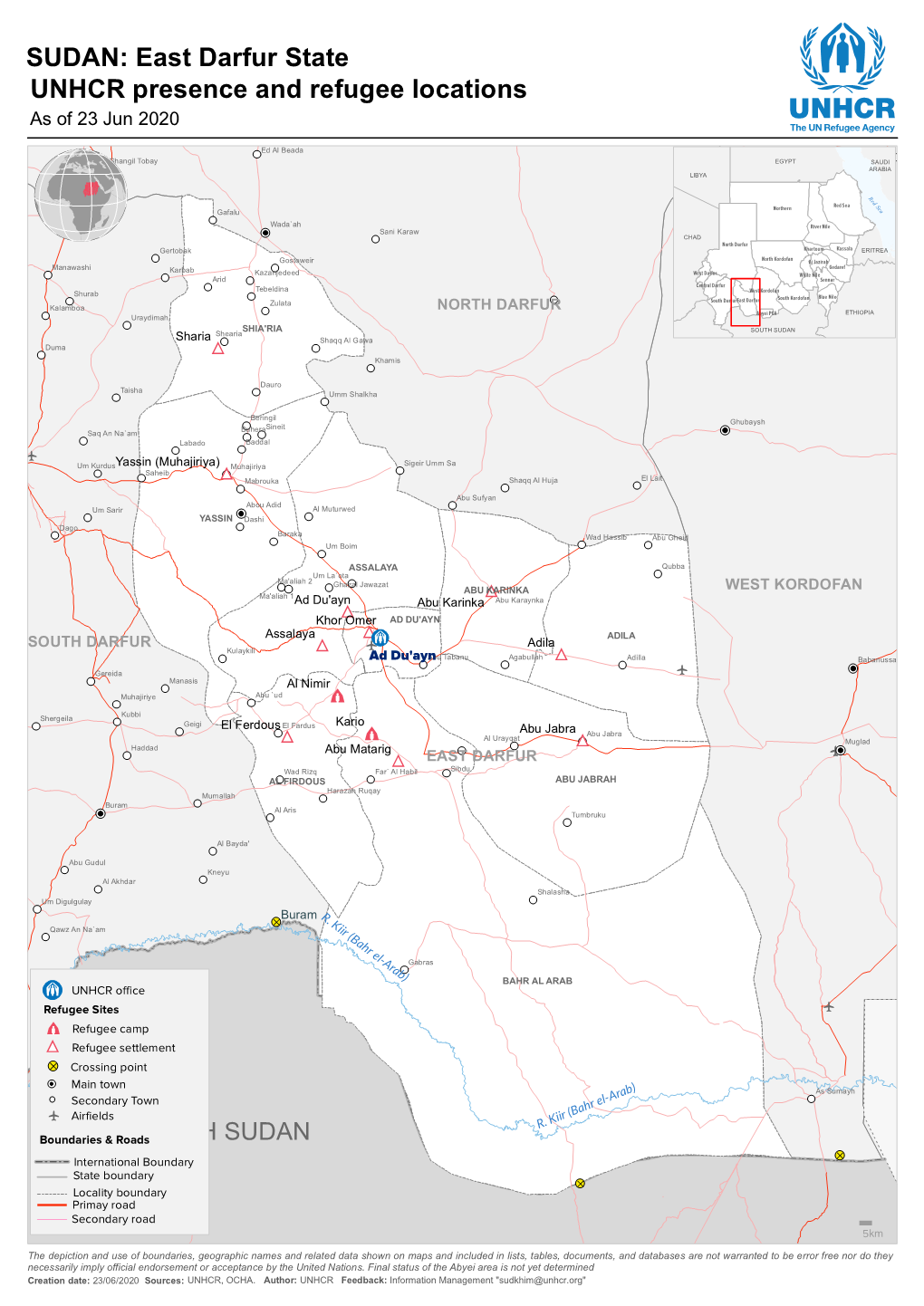 SUDAN: East Darfur State UNHCR Presence and Refugee Locations As of 23 Jun 2020