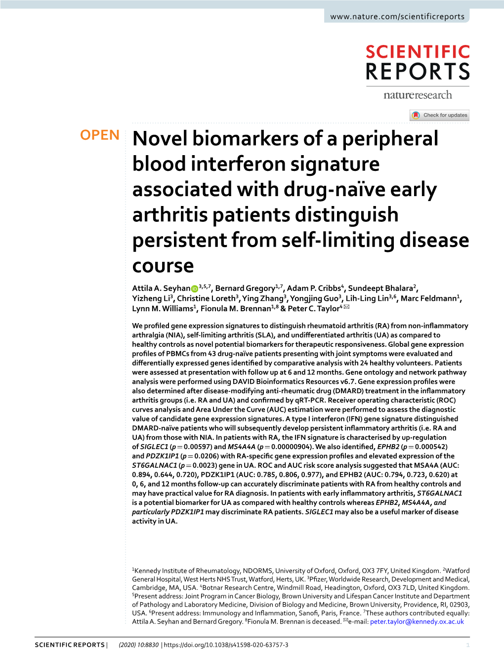 Novel Biomarkers of a Peripheral Blood Interferon Signature Associated with Drug-Naïve Early Arthritis Patients Distinguish