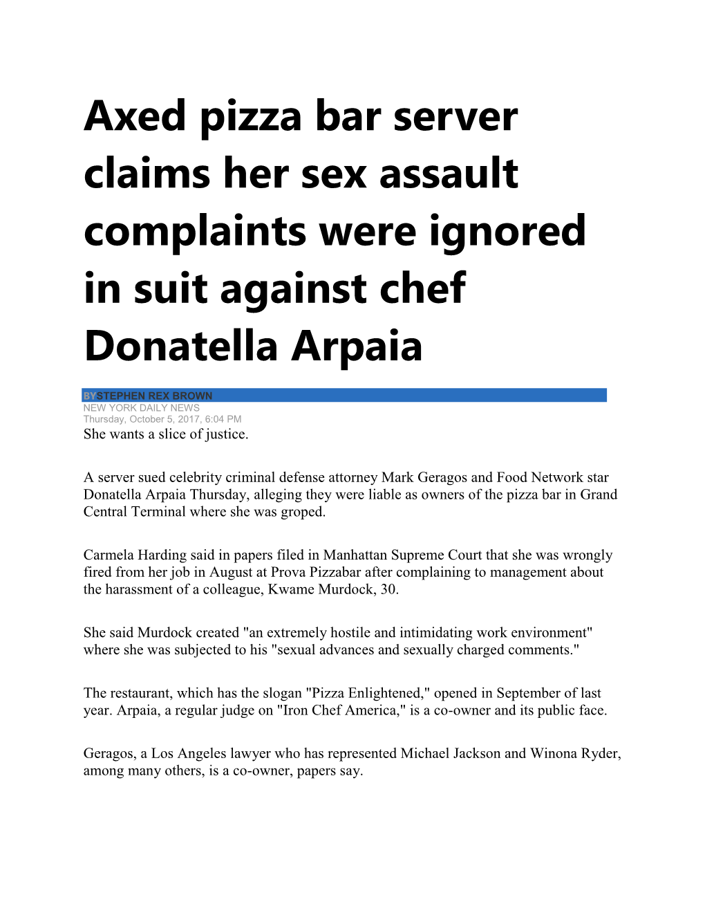 Axed Pizza Bar Server Claims Her Sex Assault Complaints Were Ignored in Suit Against Chef Donatella Arpaia